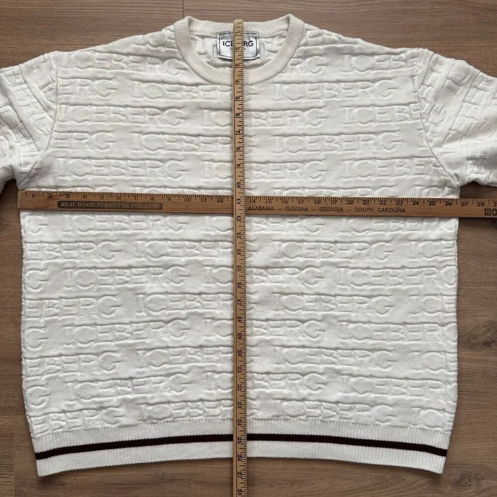Vintage 90s Iceberg All Over Logo Knit Sweater Cream Wool Blend Size XXXL Italy